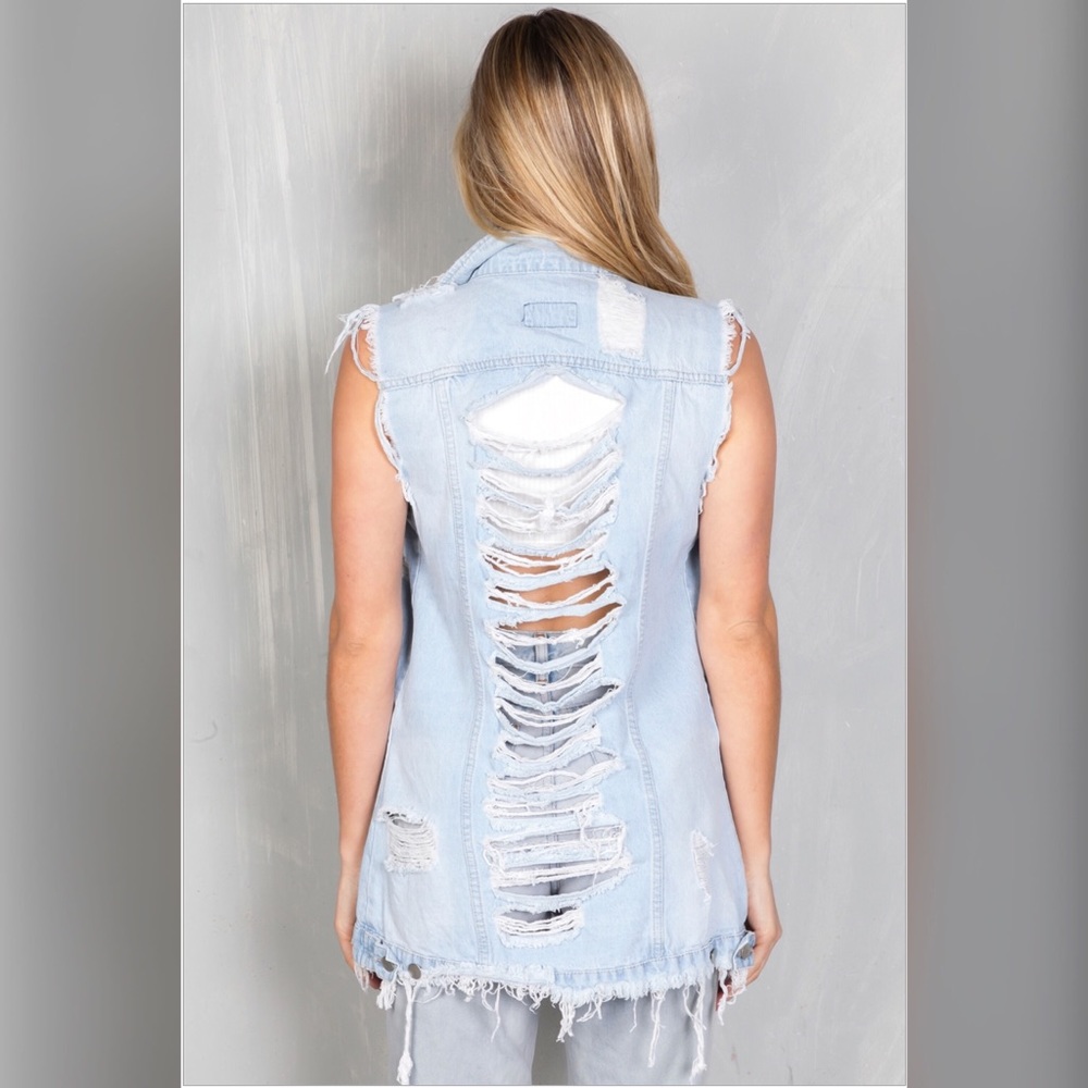 Distressed Longline Denim Vest - Picture 3 of 8